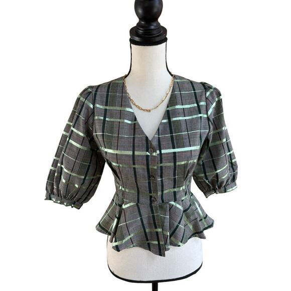 Jeune Otte Tops - Jeune Otte Women's Christine Blouse Wool Plaid Peplum Top Green Multi Size S NWT